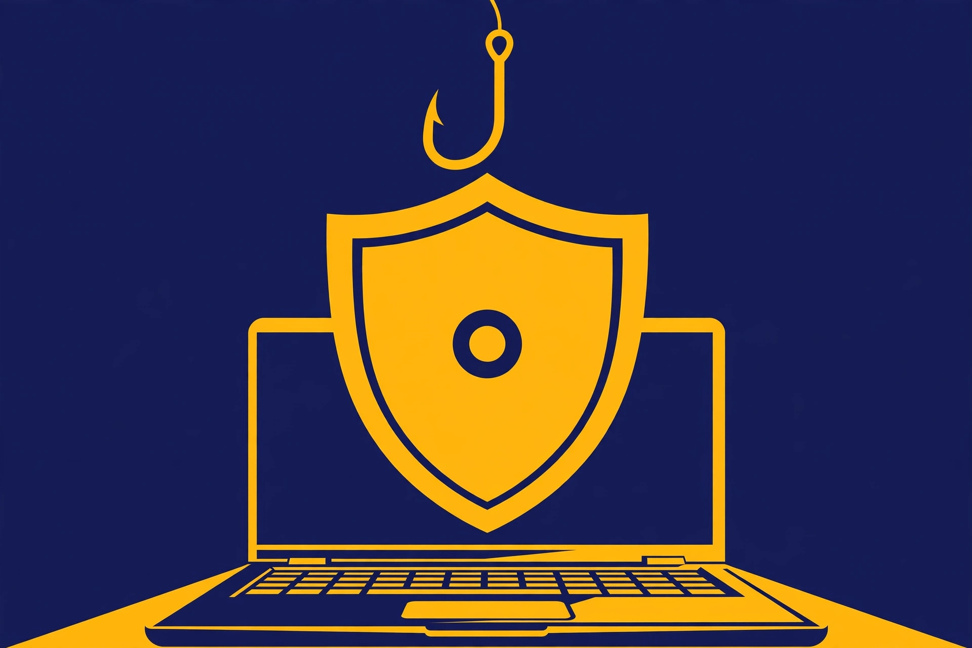 A gold shield blocking a phishing hook above a laptop