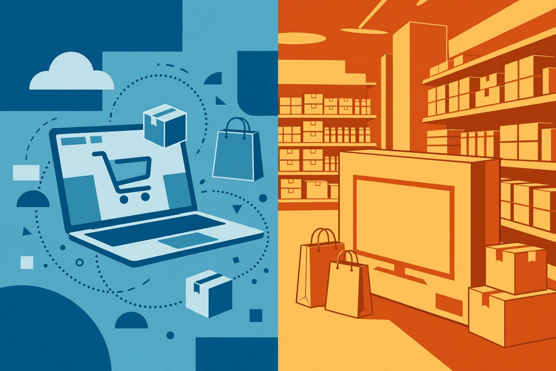 Split scene of online shopping on a laptop and a store aisle with a big boxed television
