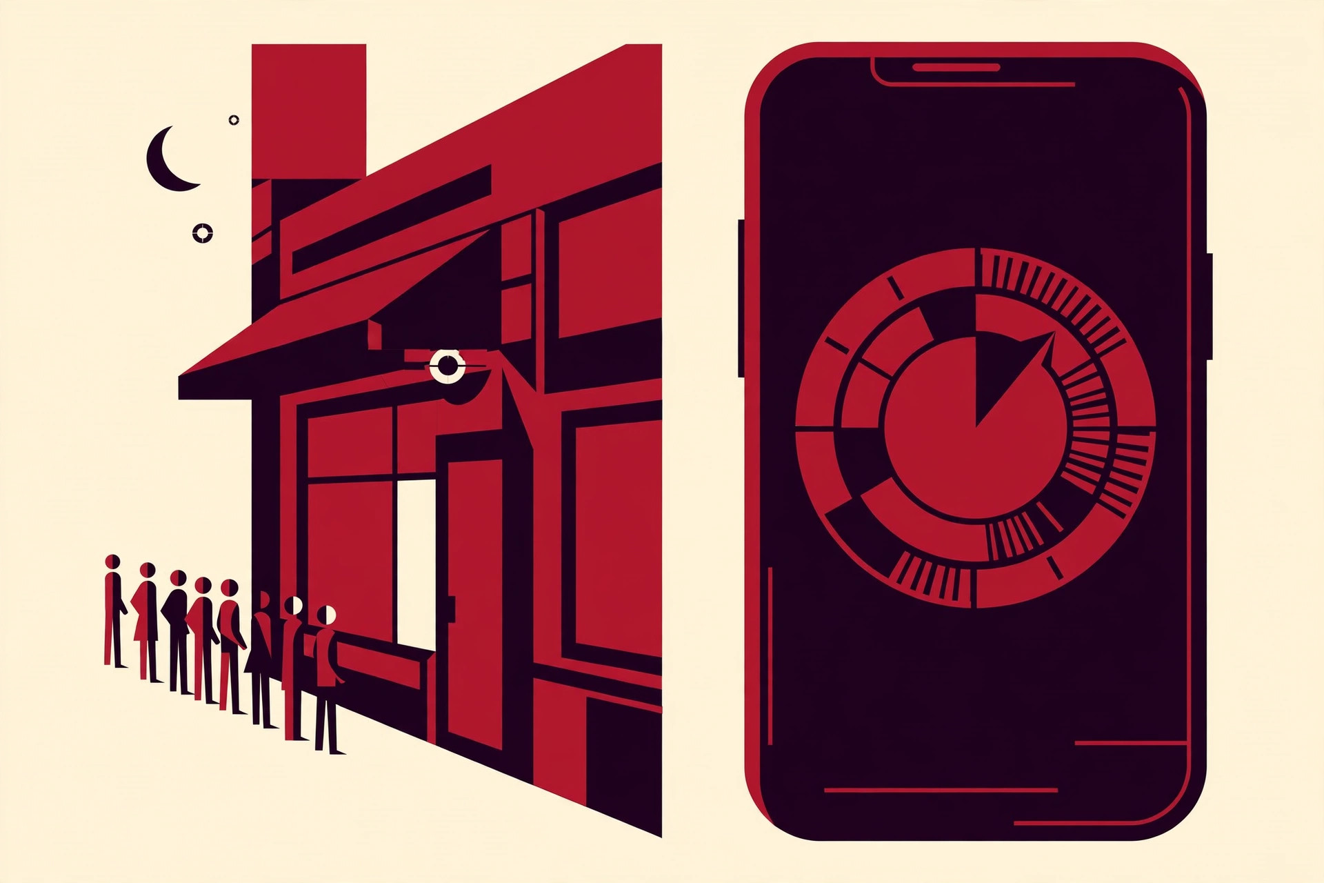 Bold graphic split scene of a storefront door crasher line and a phone with an online drop countdown