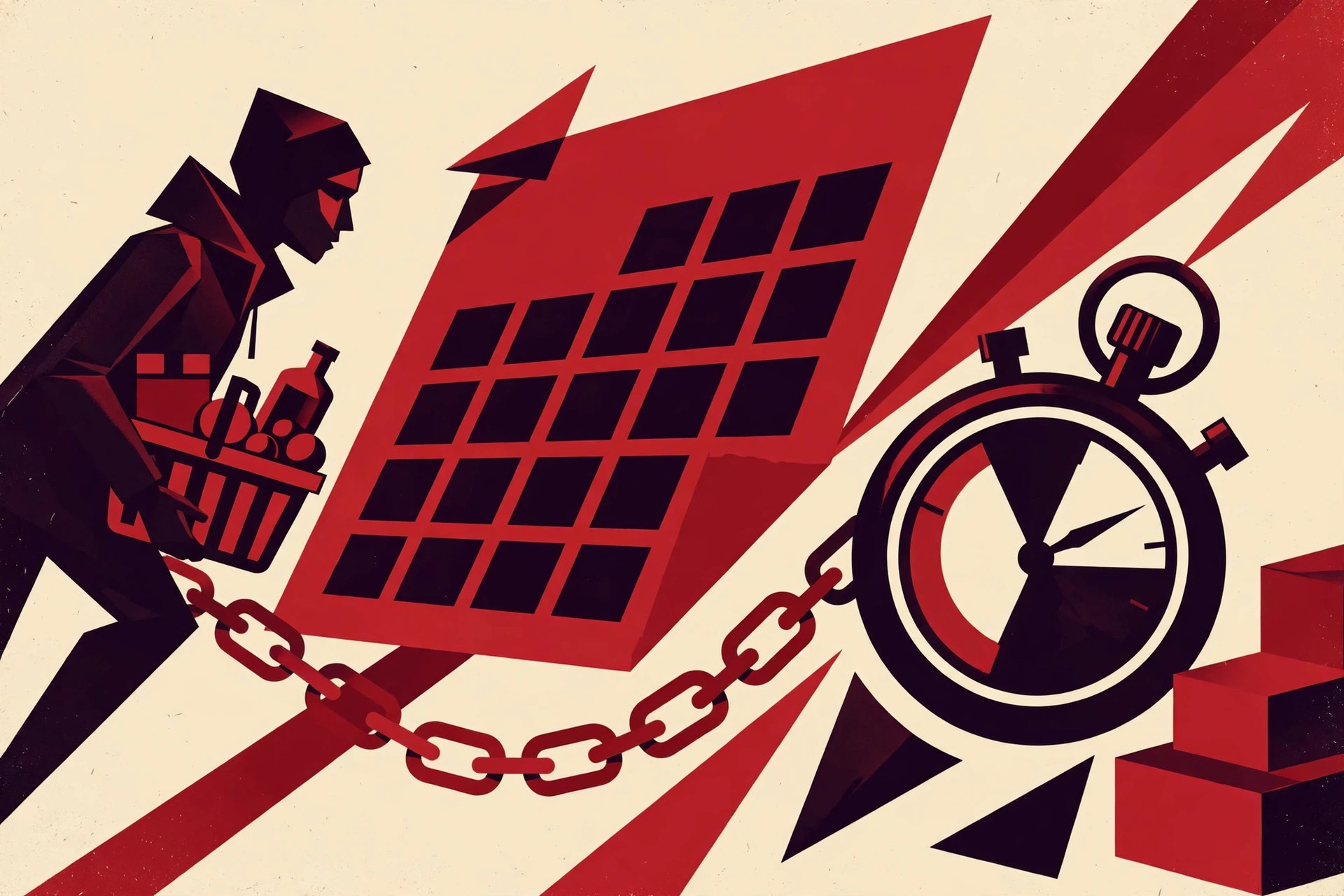 Bold graphic illustration of a shopper with a calendar and stopwatch planning ahead of Black Friday