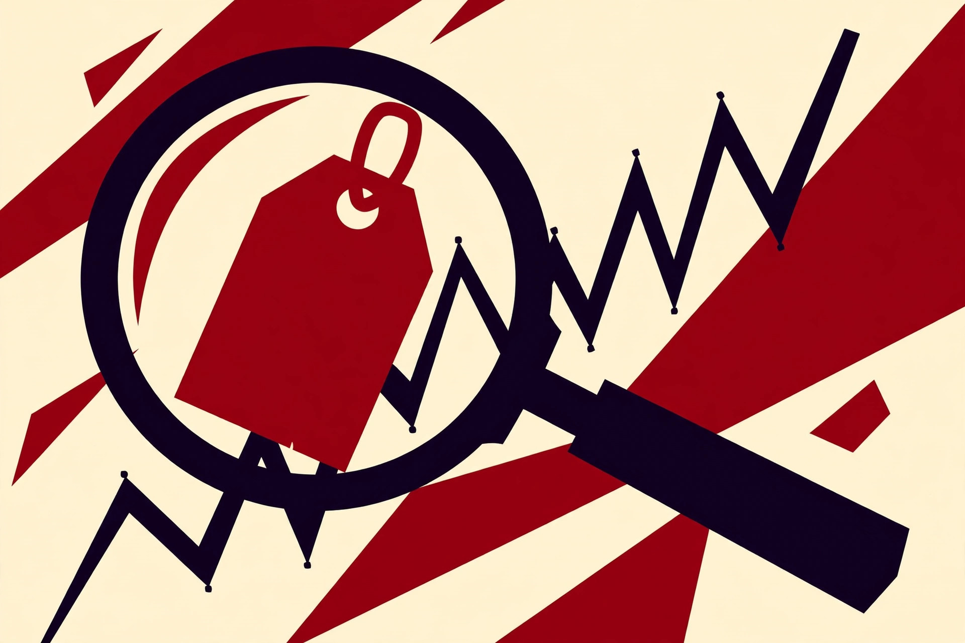 Bold graphic of a price tag under a magnifying glass with a timeline