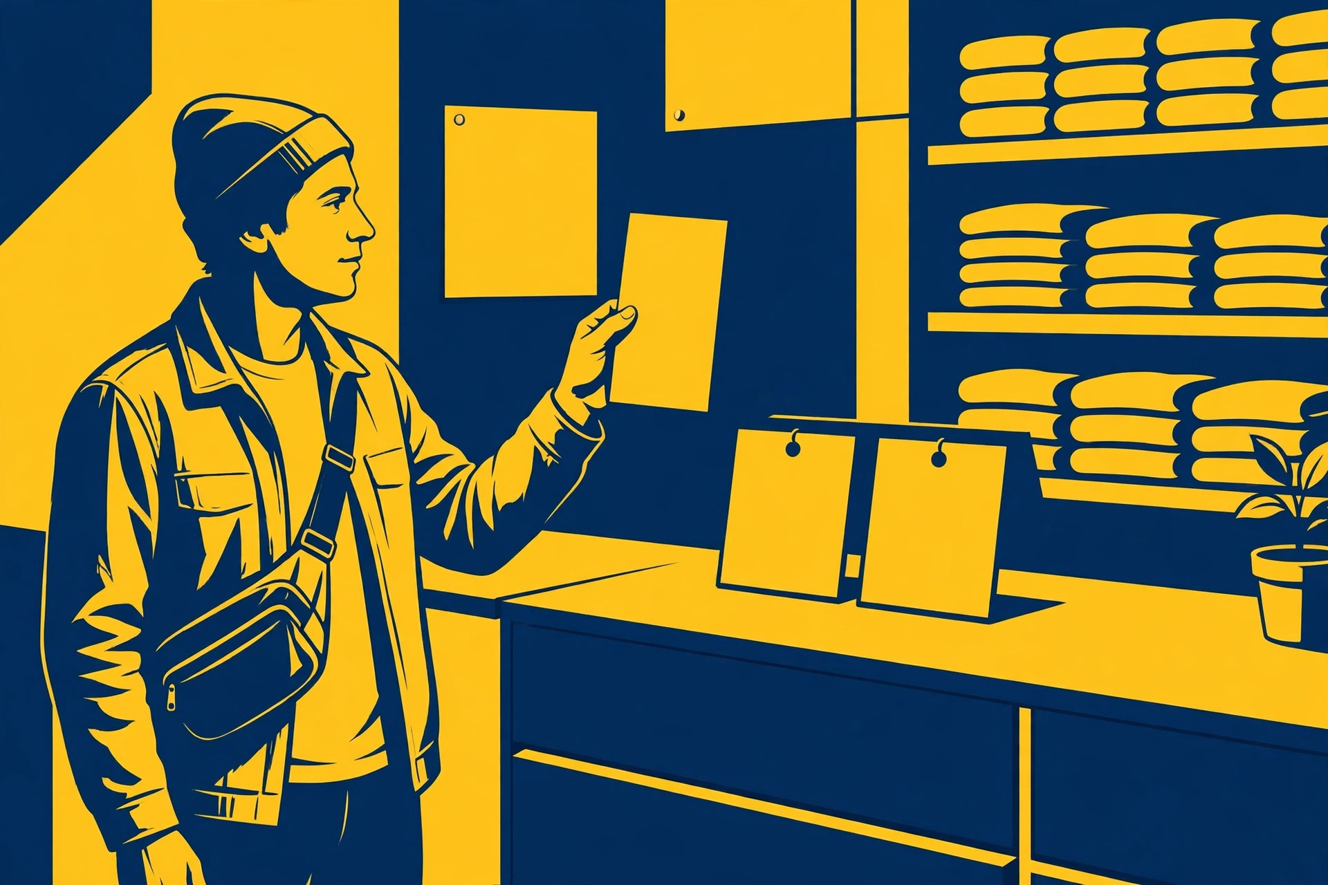 Shopper at a store customer-service counter holding a receipt up next to price tags