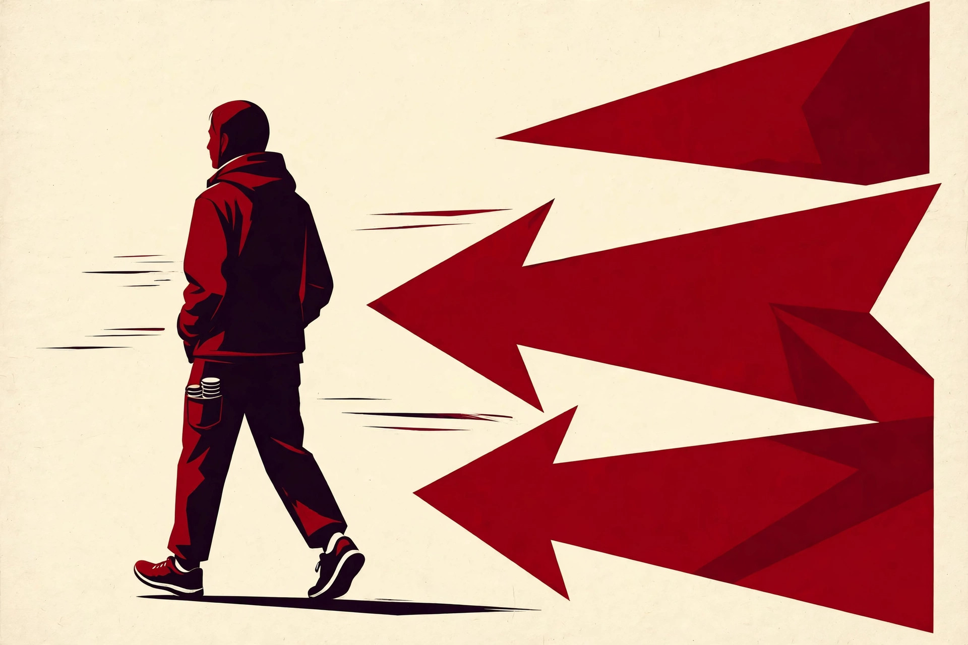 Bold graphic of a shopper walking past tempting sale signs, waiting